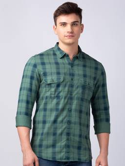 Spykar - Men Sage Green Cotton Slim Fit Checkered Shirt