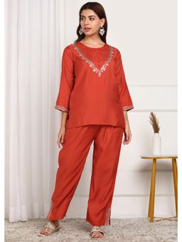 Gahan - Rust Elegant Round Neck Top with Pant
