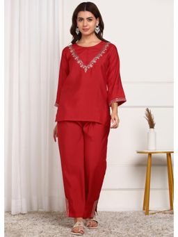 Gahan - Red Silver Zari Embroidery Elegant Round Neck Top with Pant