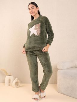 Sweet Dreams - Women Embroidered Pyjama Set - Olive