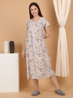 Sweet Dreams - Women Floral Calf Length Night Dress - Grey