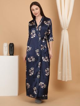 Sweet Dreams - Women Floral Robe with Inner - Navy Blue