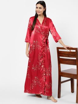 Sweet Dreams - Women Floral Full Length Robe with Inner - Red