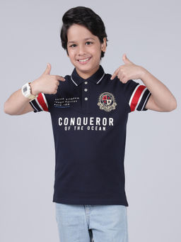 Cantabil - Boys Printed Navy Blue Half Sleeves Casual Polo T-Shirt