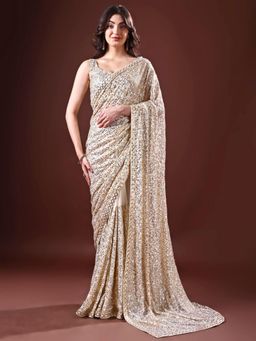 Odette - Women Beige Embellished Georgette Saree with Unstitched Blouse