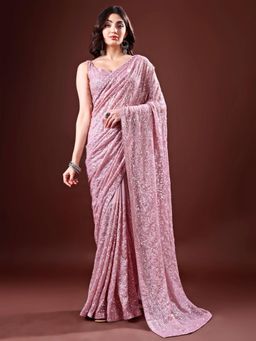 Odette - Women Pink Embellished Georgette Saree with Unstitched Blouse