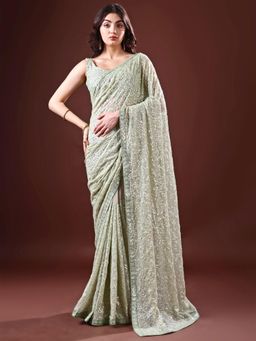 Odette - Women Olive Embellished Georgette Saree with Unstitched Blouse