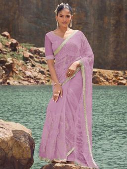Odette - Women Purple Net Embellished Saree with Unstitched Blouse