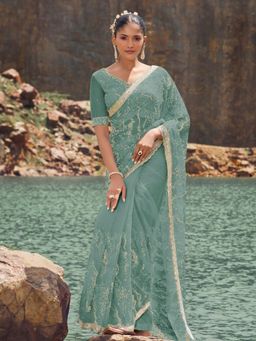 Odette - Women Sea Green Net Embellished Saree with Unstitched Blouse