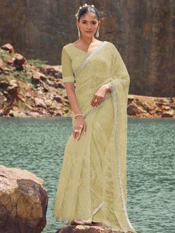 Odette - Women Light Green Net Embellished Saree with Unstitched Blouse