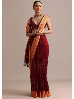 KALKI FASHION - Maroon Linen Woven Zari Border Saree with Unstitched Blouse