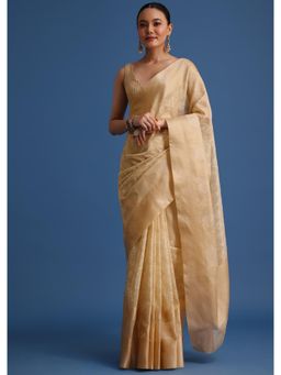 KALKI FASHION - Gold Kota Cotton Resham Embroidered Saree with Unstitched Blouse