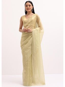 KALKI FASHION - Golden Tone Embroidered Tissue Saree with Unstitched Blouse