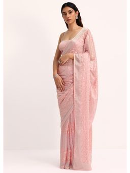 KALKI FASHION - Baby Pink Satin Thread & Stone Embroidery Saree with Unstitched Blouse