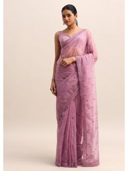 KALKI FASHION - Purple Organza Beads & Sequin Work Saree with Unstitched Blouse