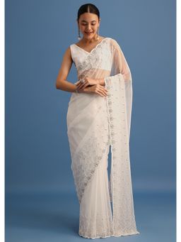 KALKI FASHION - White Organza Beads and Stone Scallop Border Saree with Unstitched Blouse