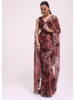 KALKI FASHION - Wine Leaf Printed Soft Organza Embroidered Border Saree with Unstitched Blouse