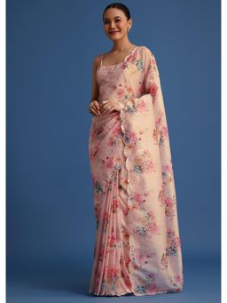 KALKI FASHION - Peach Floral Printed Crushed Tissue Sequin Mirror Work Saree with Unstitched Blouse