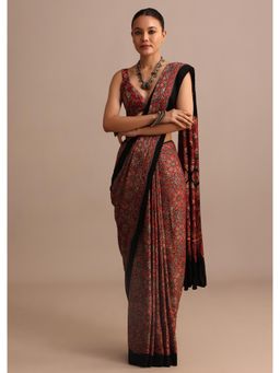 KALKI FASHION - Red Modal Satin Ajrakh Handblock Printed Saree with Unstitched Blouse