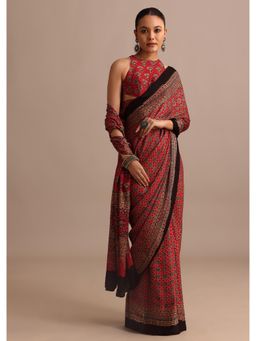 KALKI FASHION - Red Satin Ajrakh Handblock Printed Saree with Unstitched Blouse