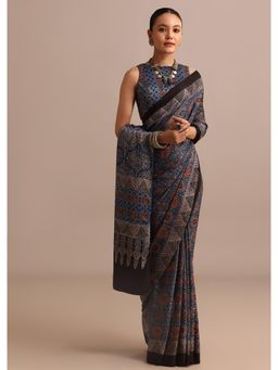 KALKI FASHION - Navy Blue Ajrakh Handblock Printed Modal Satin Saree with Unstitched Blouse