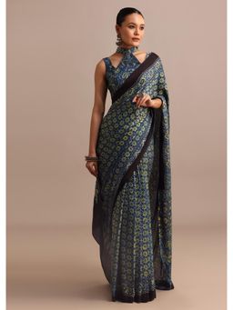 KALKI FASHION - Navy Blue Satin Modal Ajrakh Handblock Printed Saree with Unstitched Blouse