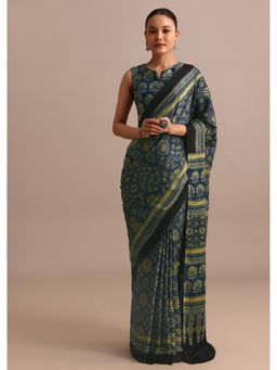 KALKI FASHION - Navy Blue Modal Satin Ajrakh Hand Block Print Saree with Unstitched Blouse