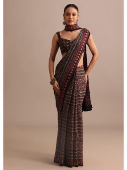 KALKI FASHION - Black and Red Modal Satin Ajrakh Handblock Printed Saree with Unstitched Blouse