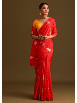 KALKI FASHION - Red Dola Silk Lurex Butta Contrast Brocade Saree with Unstitched Blouse