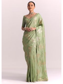 KALKI FASHION - Green Dola Silk Woven Gotta Patti Lurex Work Saree with Unstitched Blouse