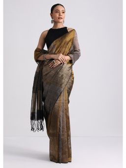 KALKI FASHION - Black Coloblock Woven Linen Tissue Woven Saree with Unstitched Blouse