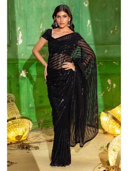 Soch - Womens Black Georgette Sequins Work Saree with Unstitched Blouse
