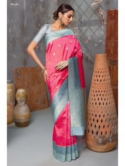 Soch - Womens Pink Tussar Zari Woven Tassels Saree with Unstitched Blouse