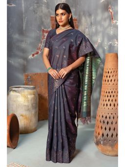 Soch - Womens Charcoal Tussar Woven Design Tassels Saree with Unstitched Blouse