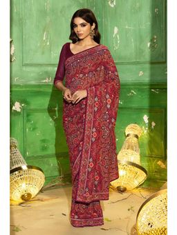 Soch - Womens Wine Georgette Embroidered Stone Work Saree with Unstitched Blouse
