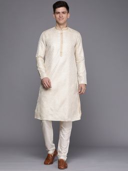 Manyavar - Art Silk Beige Solid Full Sleeve Mandarin Collar Kurta Churidar (Set of 2)