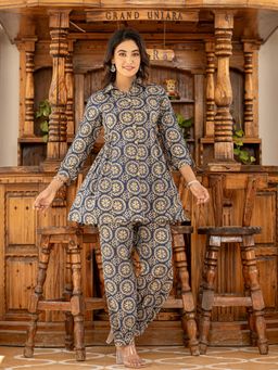 Yufta - Ethnic Motifs Print Navy Blue Cotton Co-Ord (Set of 2)