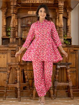 Yufta - Ethnic Motifs Print Pink Cotton Co-Ord (Set of 2)