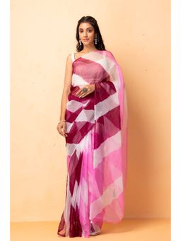 Geroo Jaipur - Pink, Wine & White Handcrafted Leheriya Organza Saree With Tassels