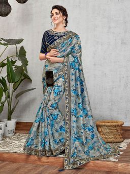 Odette - Blue Digital Print Silk Designer Saree with Unstitched Blouse