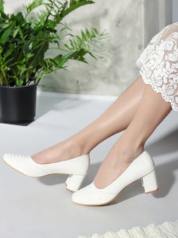 Iconics - White Slip On Block Women Heels