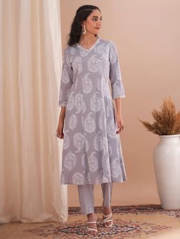 FASHOR - Ethnic Floral Printed Anarkali Flared Kurta with Pant (Set of 2)