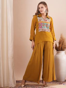 FASHOR - Solid Ethnic Hand Embroidered A-Line Kurta with Palazzo and Belt - Mustard (Set of 3)
