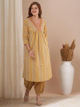 FASHOR - Ethnic Stipes Printed A-Line Pleated Kurta with Balloon Pant - Yellow (Set of 2)