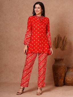 FASHOR - Ethnic Leheriya Printed A-Line Short Kurti with Pant (Set of 2)