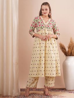 FASHOR - Ethnic Floral Printed A-Line Pleated Kurta with Palazzo - Cream (Set of 2)