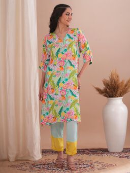 FASHOR - Abstract Floral Printed and Hand Embroidered Kurta with Pant (Set of 2)