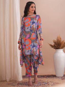 FASHOR - Abstract Printed and Mirror Embroidered A-Line Kurta with Pant (Set of 2)