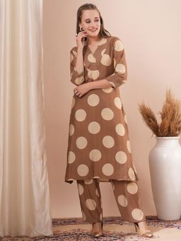FASHOR - Brown Polka Dot and Embroidered A-Line Kurta with Pant (Set of 2)