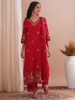 FASHOR - Floral Embroidered Straight Fit Kurta with Pant and Dupatta (Set of 3)